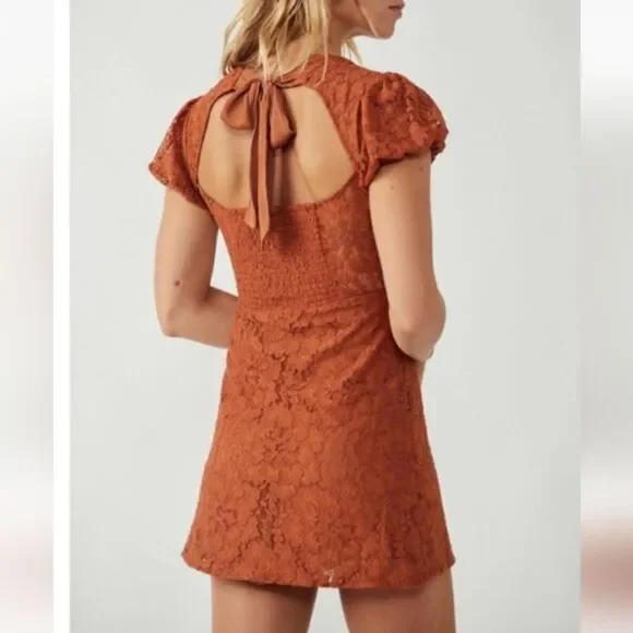 Free People Hailee copper lace short puff sleeve mini dress (M) - Picture 9 of 13